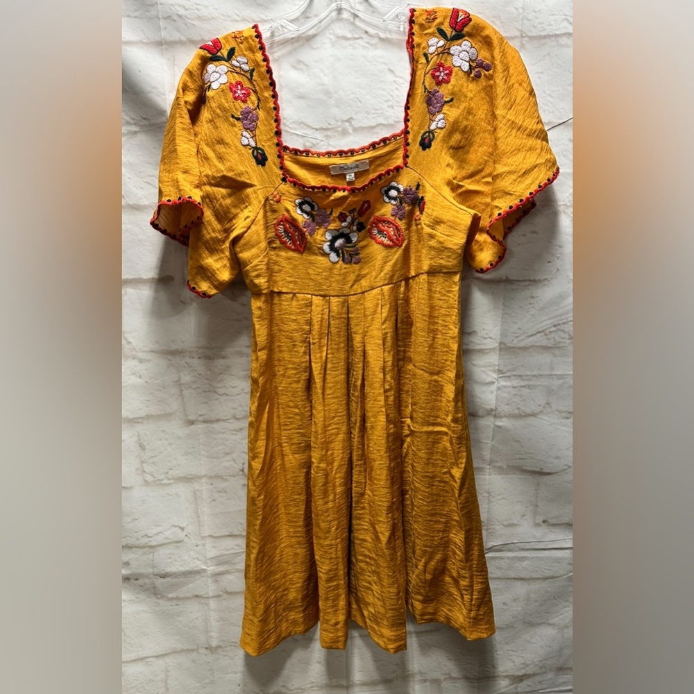 Madewell Embroidered Square Neck Dress Mustard Yellow XS